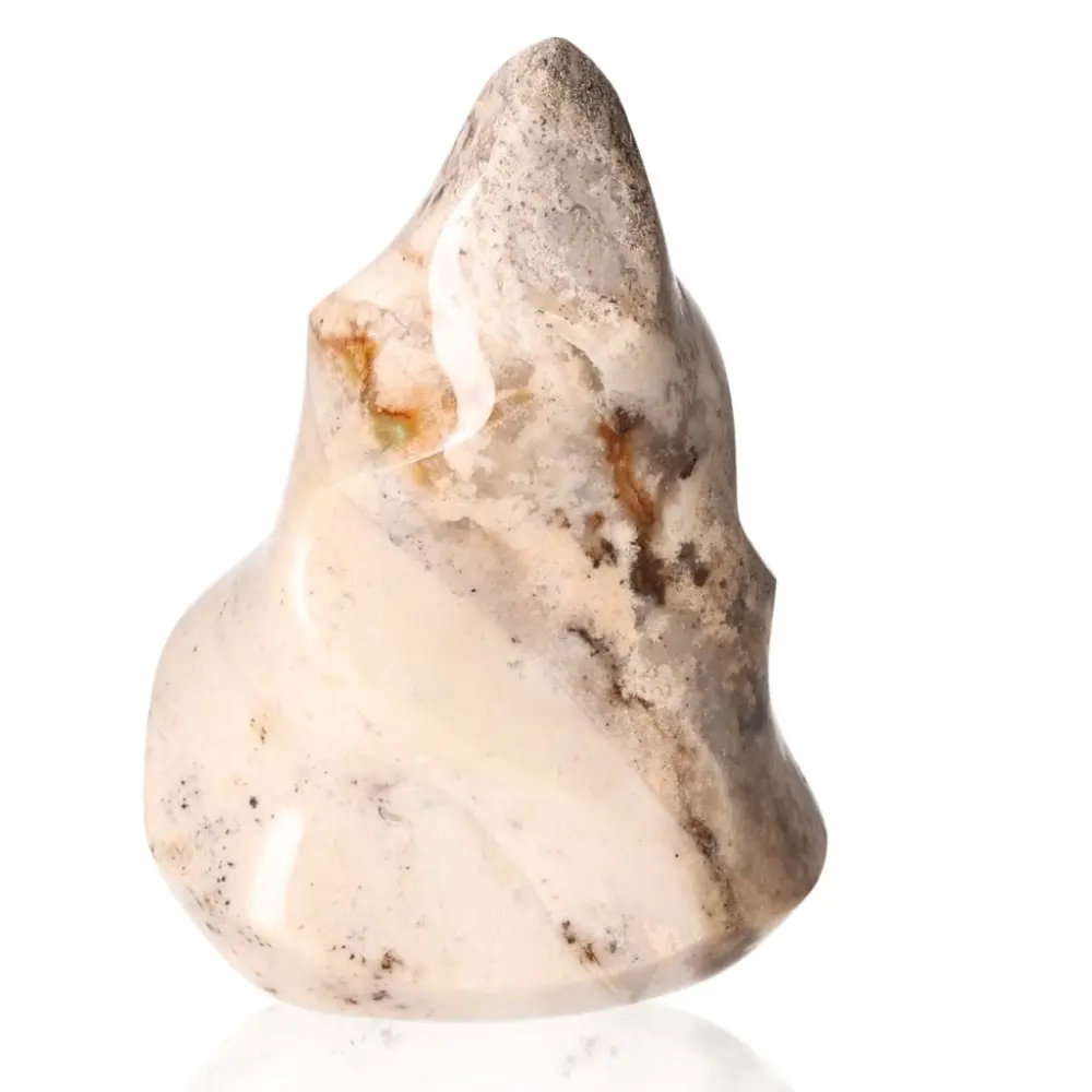 Flower Agate Flame Creamy white with light beige and brown veining, shaped into a smooth, pointed form. 067508